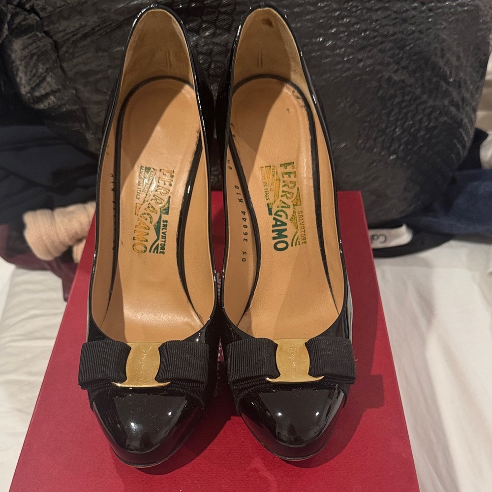 Salvatore Ferragamo Black Patent Leather Heels with Gold Accent